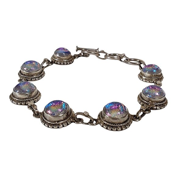 Artisan 7" Toggle Bracelet Dichroic Glass 925 Sterling Silver Purple Iridescent - Picture 3 of 8